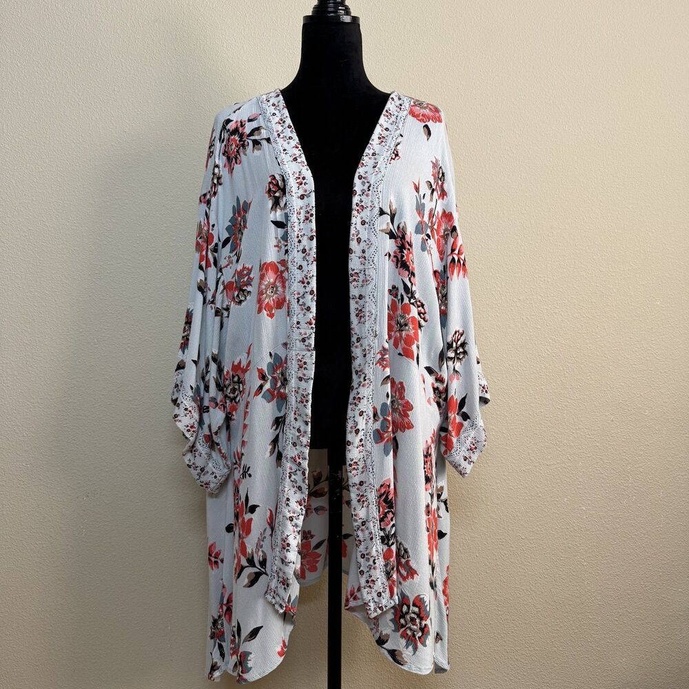 Nostalgia Kimono Cardigan Womens Large Gray Floral Boho Lightweight Rayon Drape